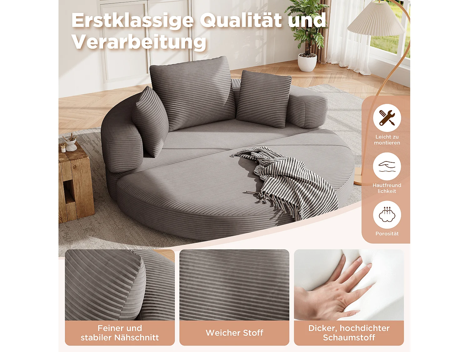 Sofá modular de 2 lugares com almofadas - 173 x 176 x 60 cm - Estofamento em veludo cotelê - para sala de estar, quarto - Marrom