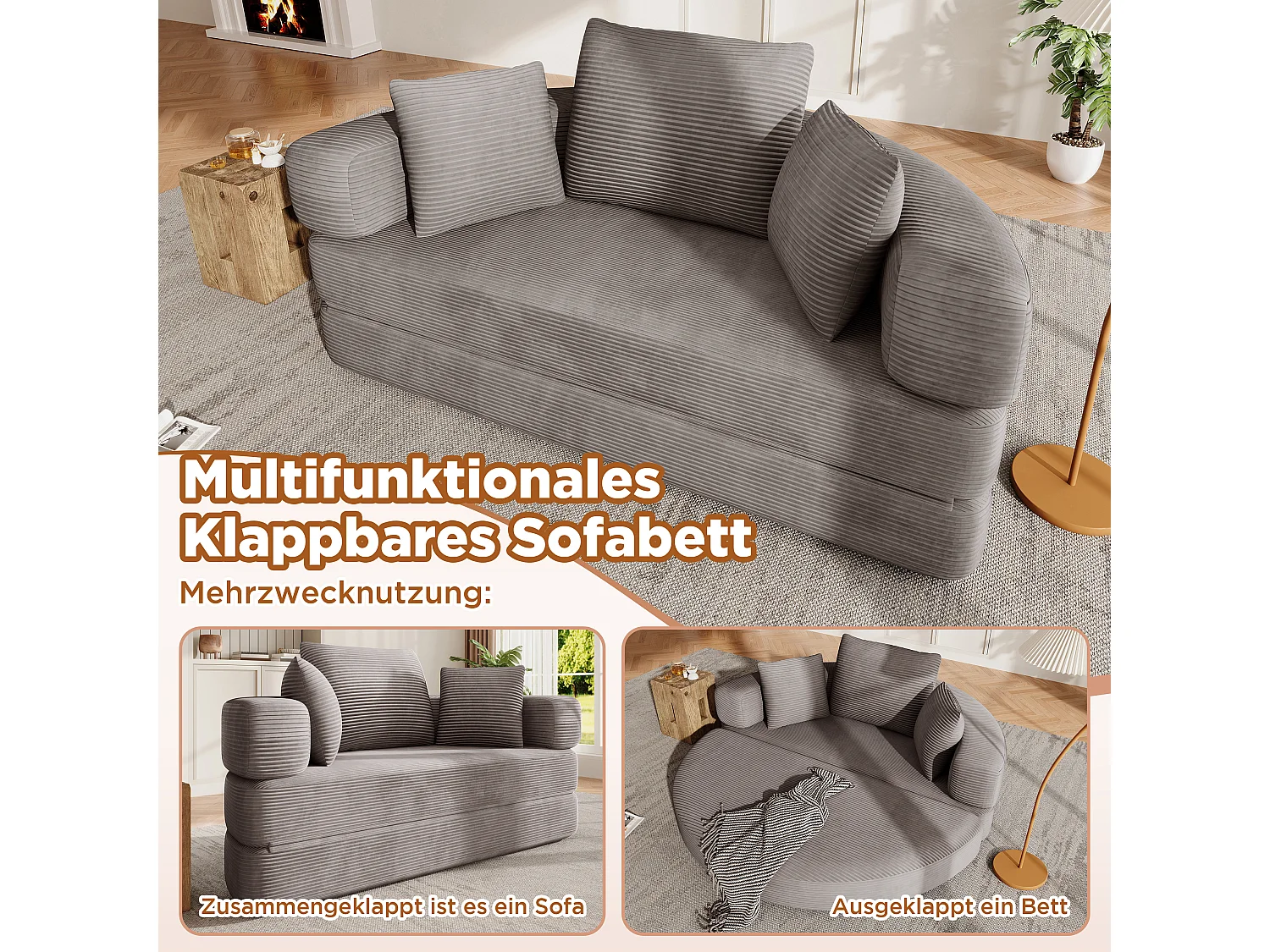 Sofá modular de 2 lugares com almofadas - 173 x 176 x 60 cm - Estofamento em veludo cotelê - para sala de estar, quarto - Marrom