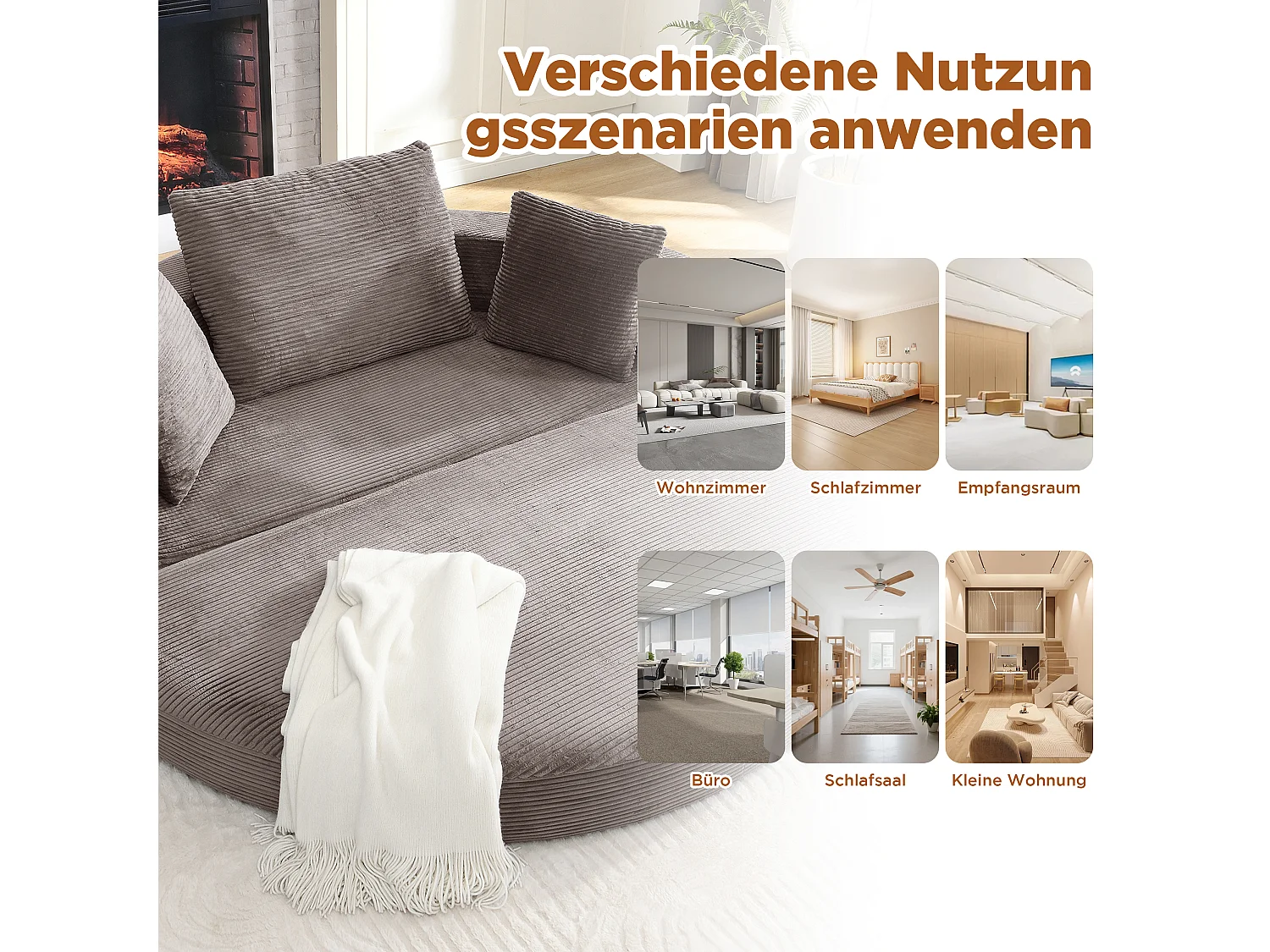 Sofá modular de 2 lugares com almofadas - 173 x 176 x 60 cm - Estofamento em veludo cotelê - para sala de estar, quarto - Marrom