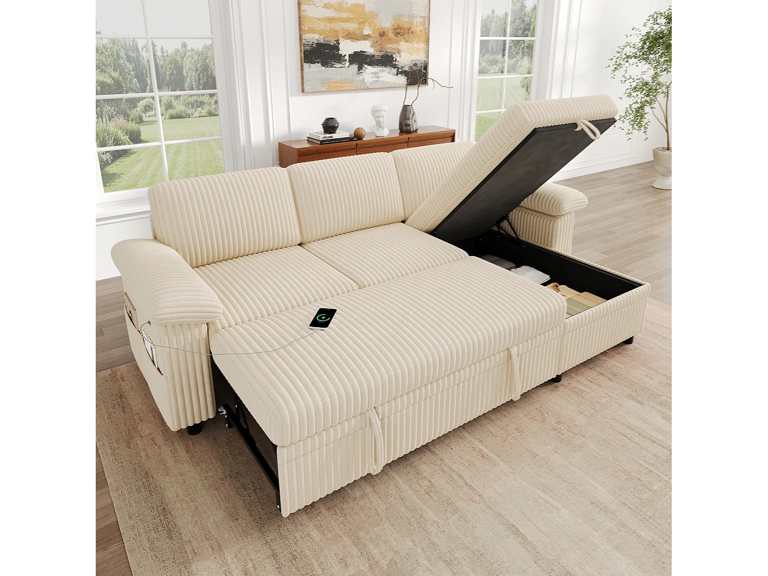 Divano letto angolare a 3 posti, chaise longue reversibile, pouf contenitore, porte USB/Type-C - Velluto a coste - Beige