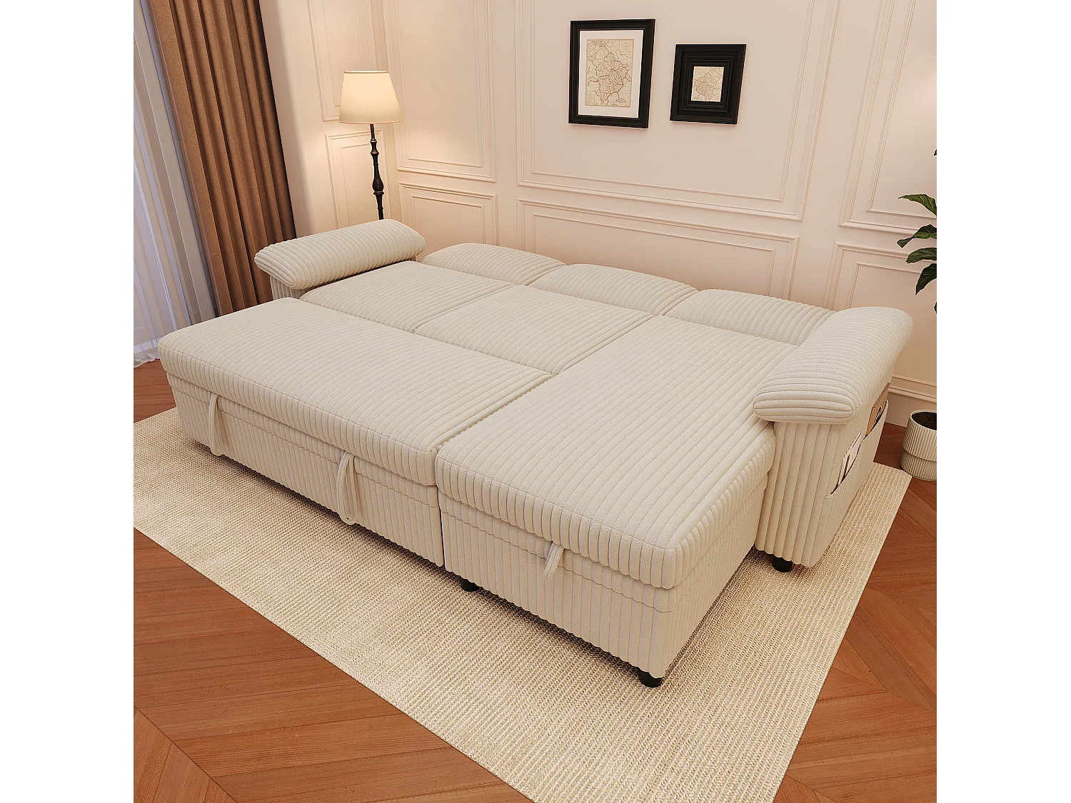 Divano letto angolare a 3 posti, chaise longue reversibile, pouf contenitore, porte USB/Type-C - Velluto a coste - Beige