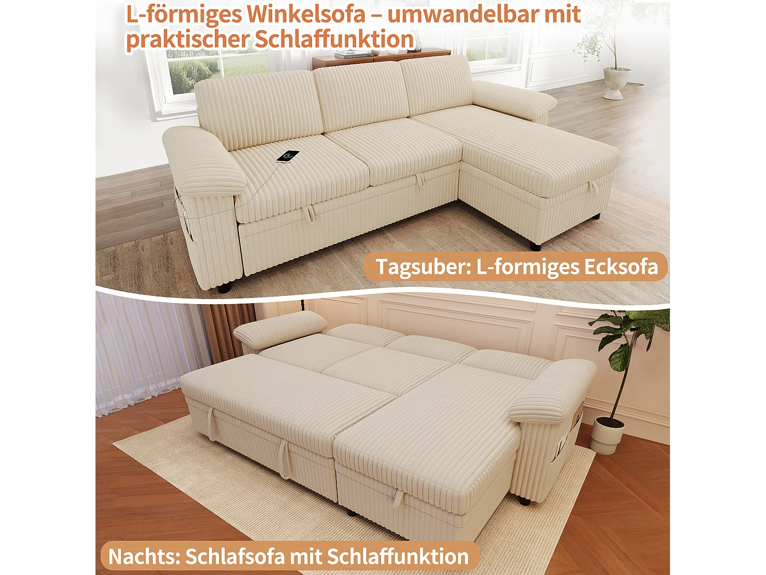 Divano letto angolare a 3 posti, chaise longue reversibile, pouf contenitore, porte USB/Type-C - Velluto a coste - Beige