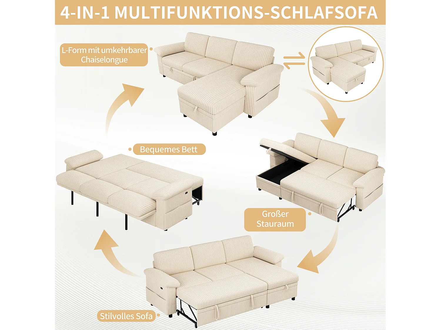 Divano letto angolare a 3 posti, chaise longue reversibile, pouf contenitore, porte USB/Type-C - Velluto a coste - Beige