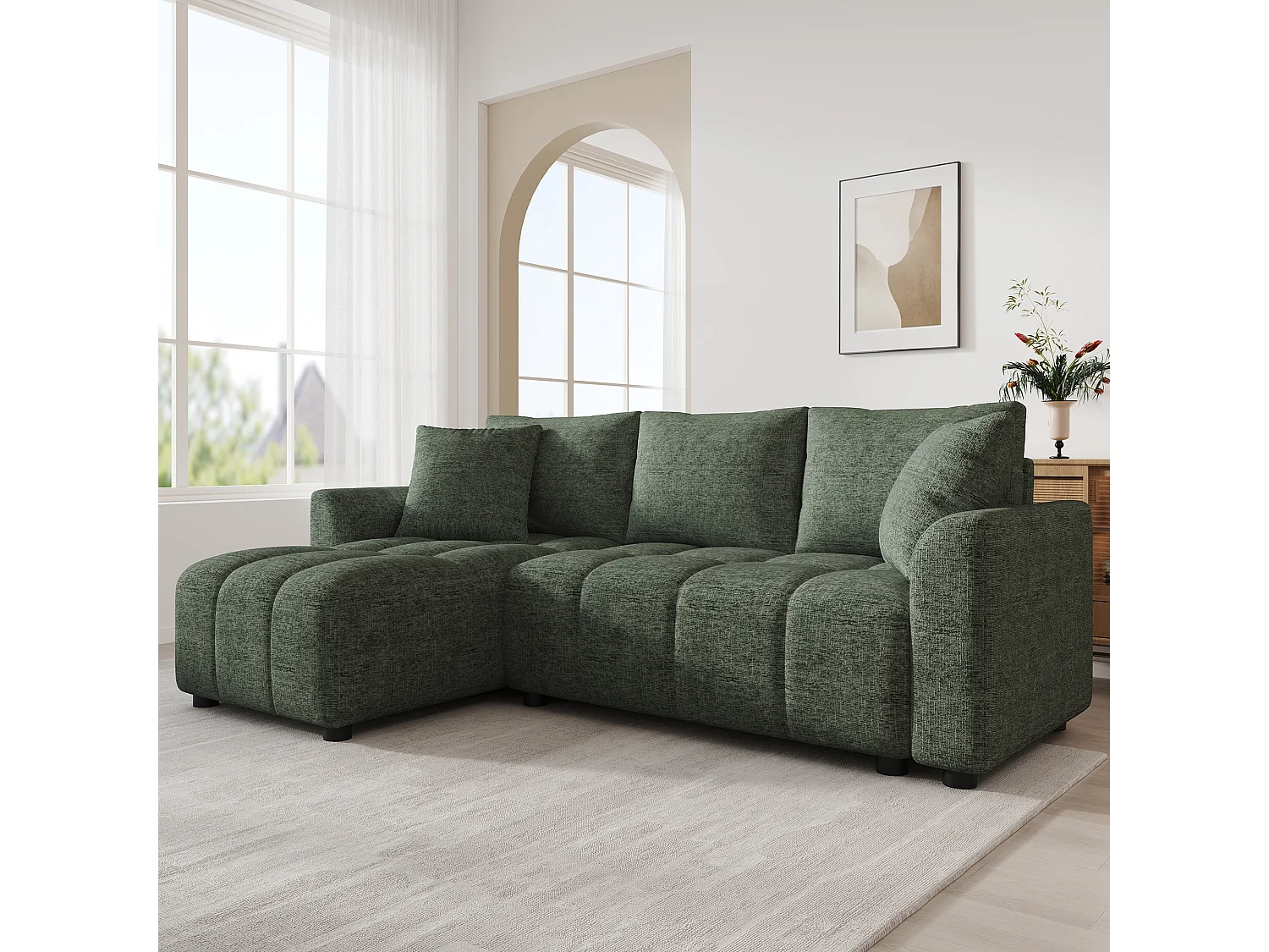Modulares 3-Sitzer-Ecksofa mit umkehrbarer Chaiselongue und 2 Kissen – 204 x 127 x 82,5 cm – Chenille – Grün