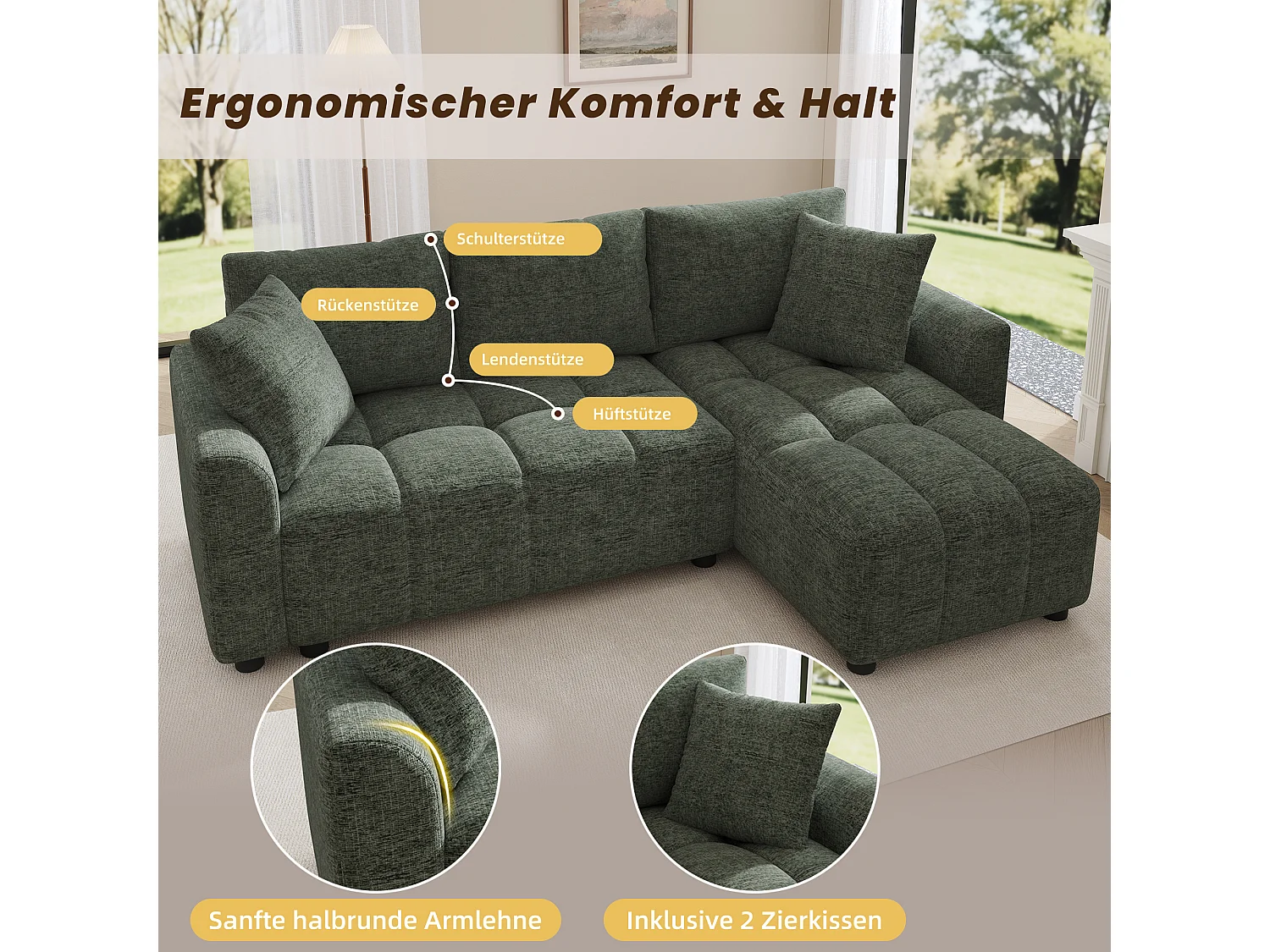 Modulares 3-Sitzer-Ecksofa mit umkehrbarer Chaiselongue und 2 Kissen – 204 x 127 x 82,5 cm – Chenille – Grün