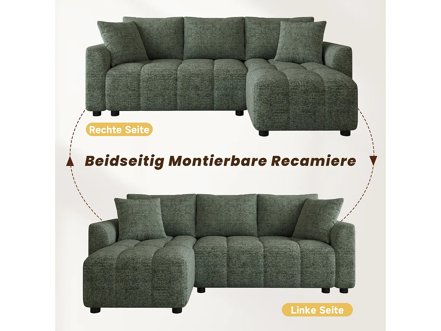 Modulares 3-Sitzer-Ecksofa mit umkehrbarer Chaiselongue und 2 Kissen – 204 x 127 x 82,5 cm – Chenille – Grün