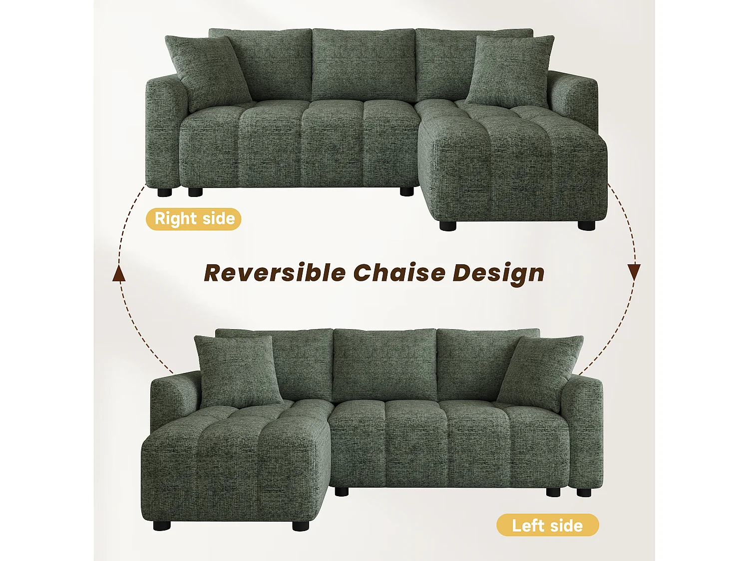 Modulares 3-Sitzer-Ecksofa mit umkehrbarer Chaiselongue und 2 Kissen – 204 x 127 x 82,5 cm – Chenille – Grün