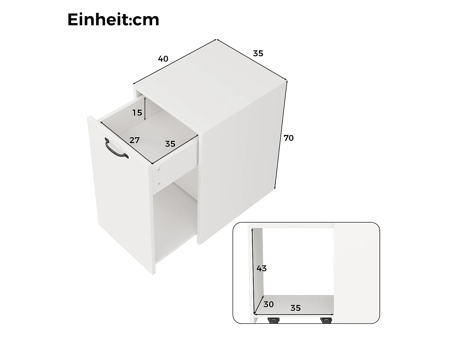 Caisson roulant avec 1 tiroir, compartiment ouvert et 4 roulettes dont 2 avec freins - 35 x 40 x 70 cm - Blanc