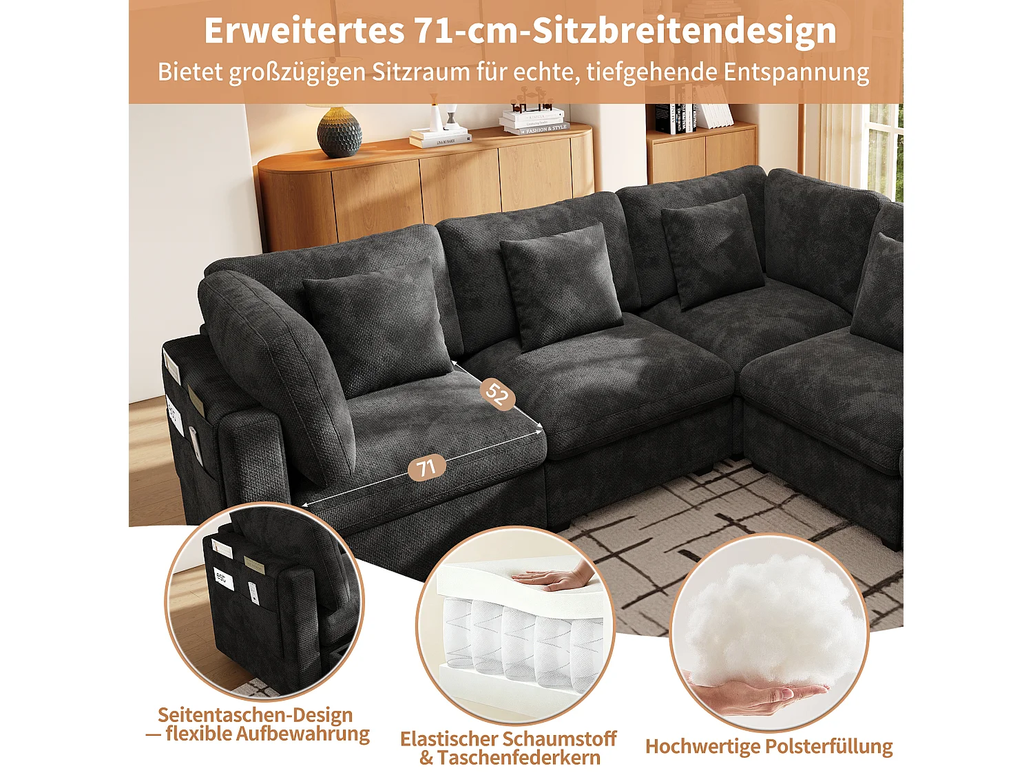 Modular 5-seater corner sofa with wide seat, side pockets and 5 cushions - Chenille - 226 x 226 x 81 cm - Grey