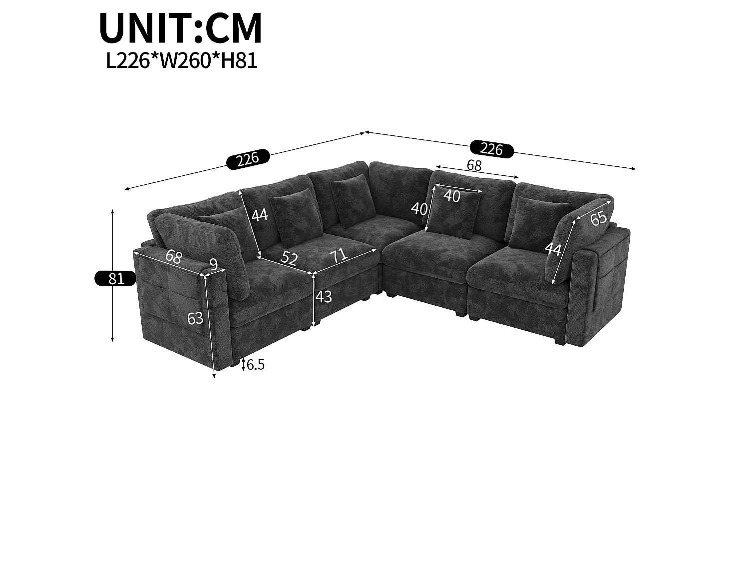 Modular 5-seater corner sofa with wide seat, side pockets and 5 cushions - Chenille - 226 x 226 x 81 cm - Grey