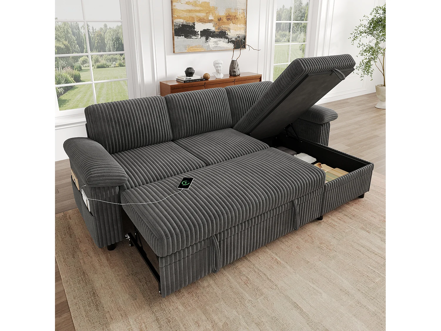 Divano letto angolare a 3 posti, chaise longue reversibile, pouf con vano contenitore, porte USB/Type-C - Velluto a coste - Grigio