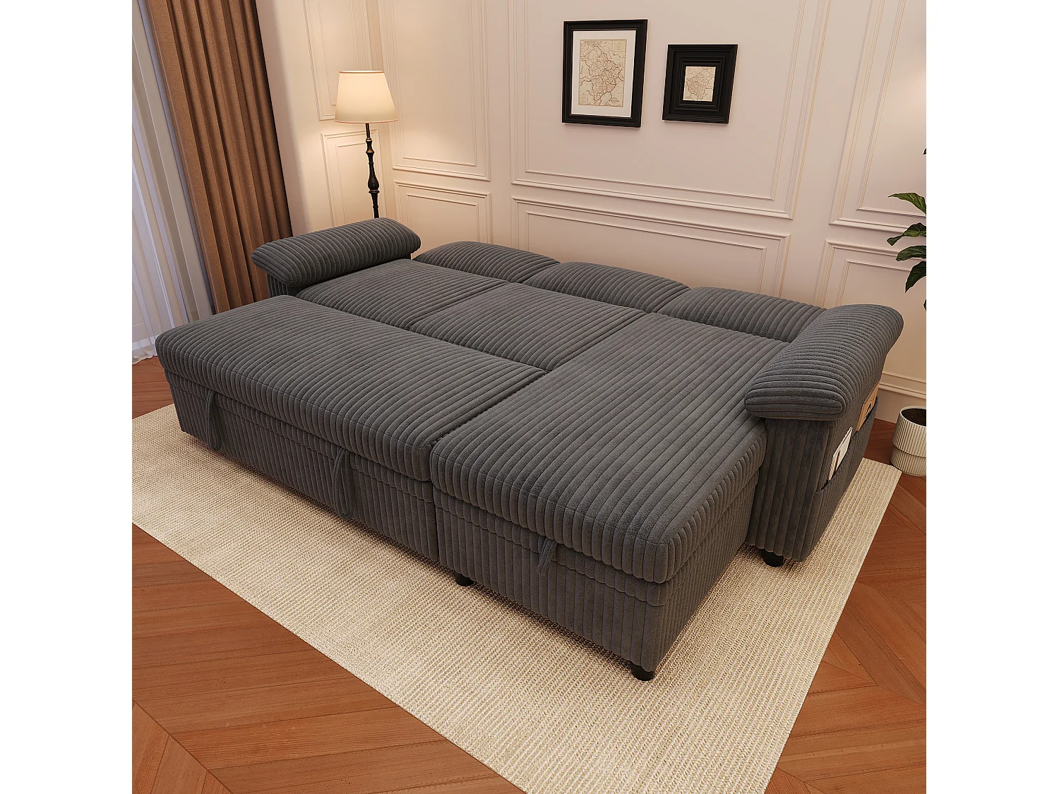 Divano letto angolare a 3 posti, chaise longue reversibile, pouf con vano contenitore, porte USB/Type-C - Velluto a coste - Grigio
