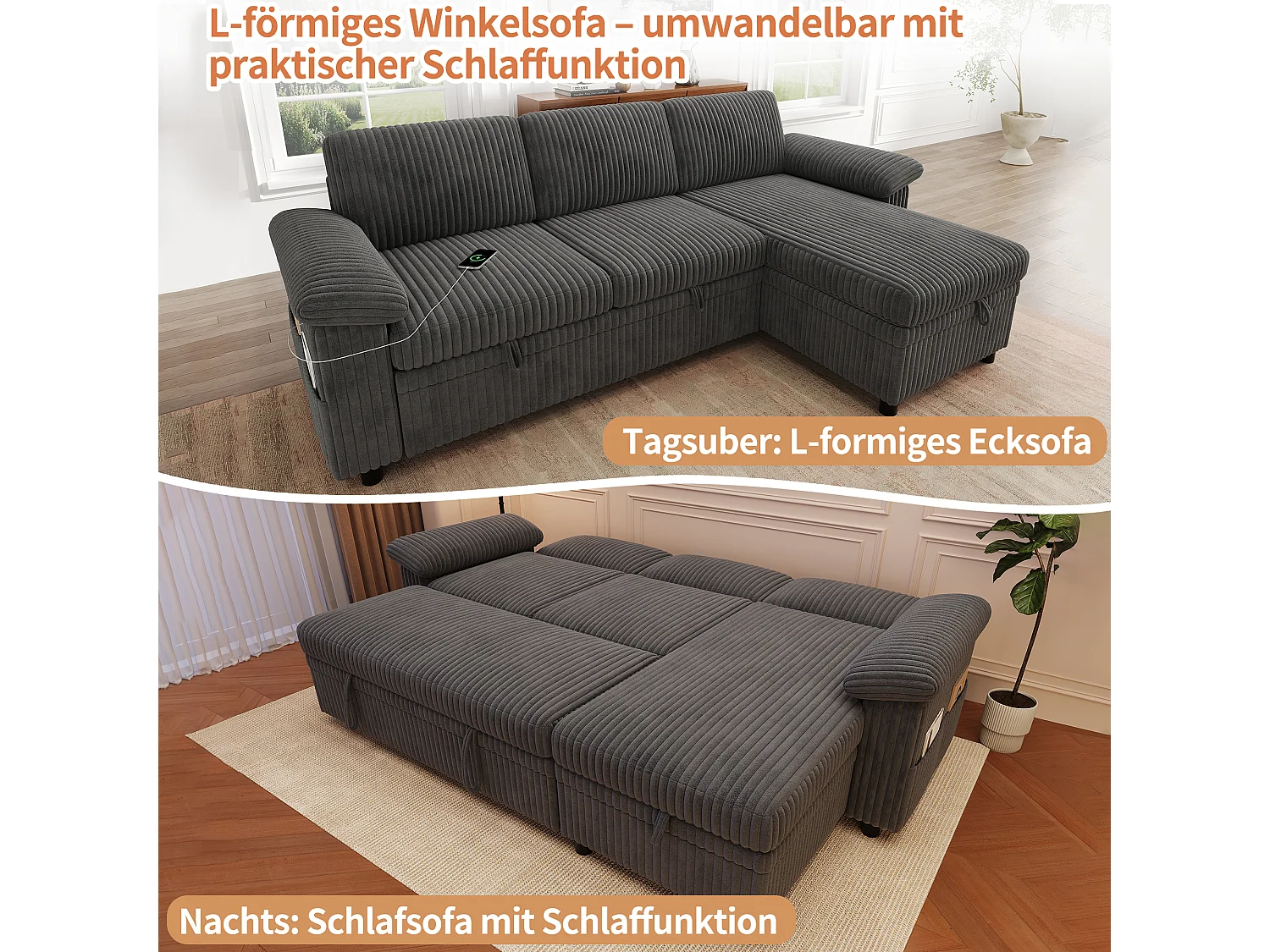 Divano letto angolare a 3 posti, chaise longue reversibile, pouf con vano contenitore, porte USB/Type-C - Velluto a coste - Grigio