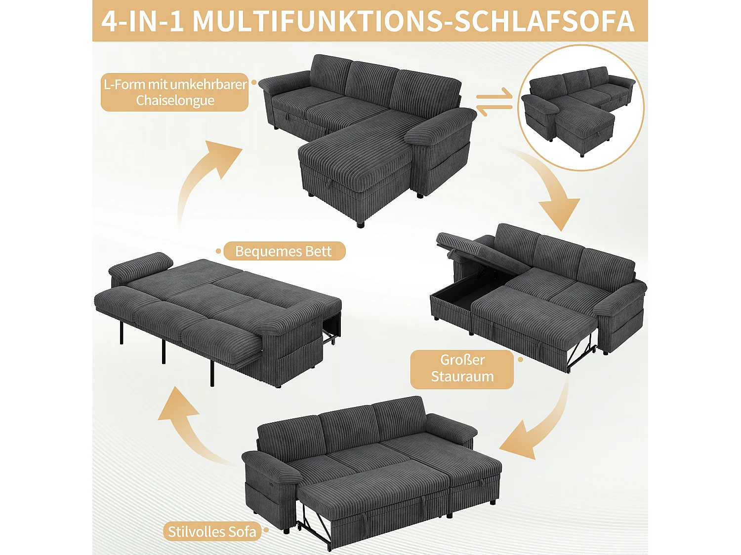 Divano letto angolare a 3 posti, chaise longue reversibile, pouf con vano contenitore, porte USB/Type-C - Velluto a coste - Grigio
