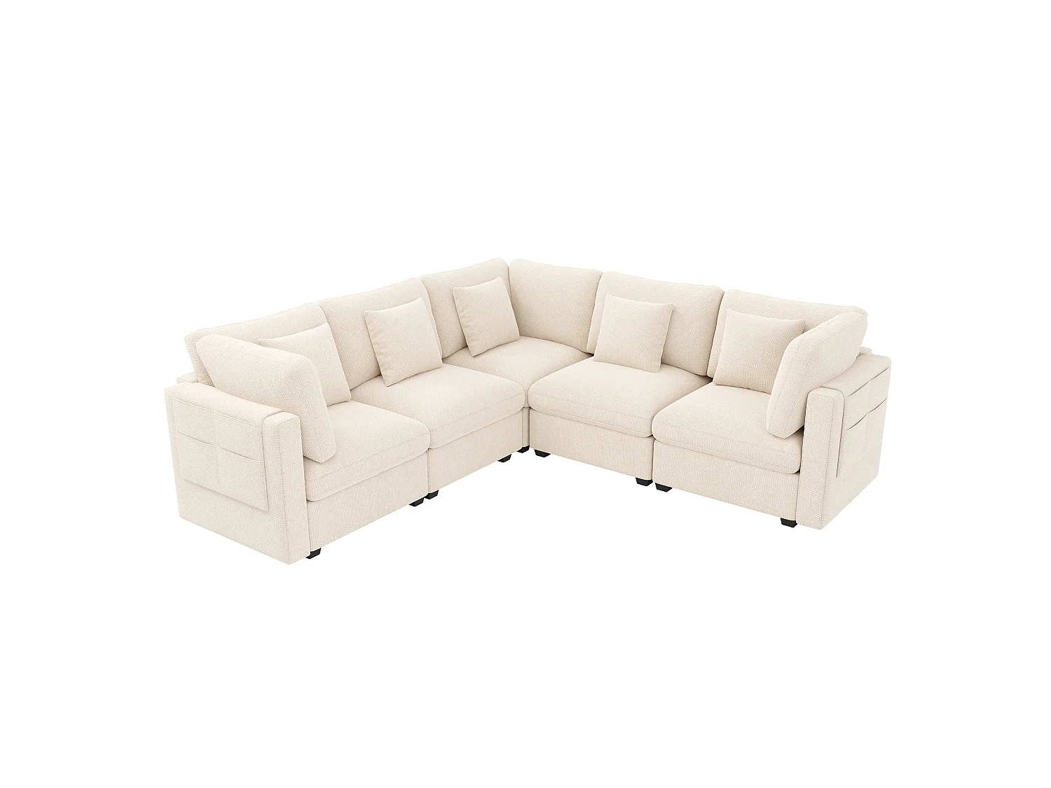 Canapé d'angle modulable 5 places avec assise large, poches latérales et 5 coussins - Chenille - 226 x 226 x 81 cm - Beige