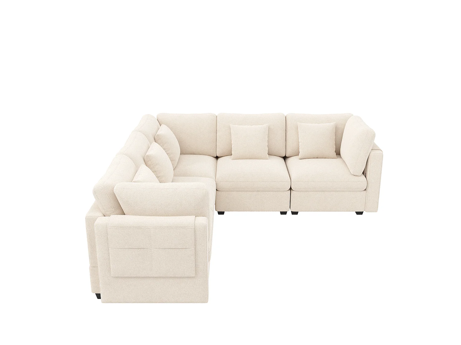 Canapé d'angle modulable 5 places avec assise large, poches latérales et 5 coussins - Chenille - 226 x 226 x 81 cm - Beige