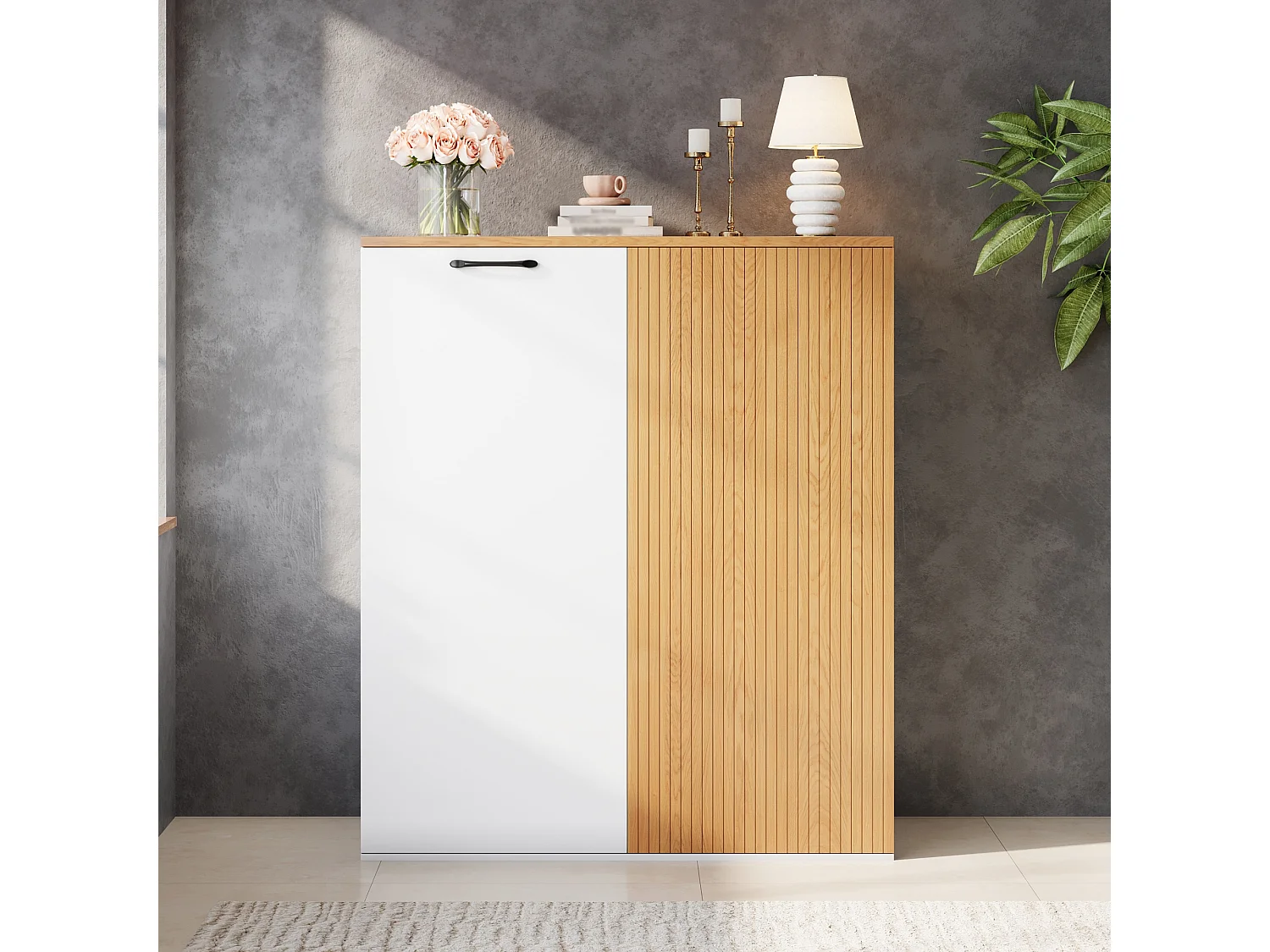 Mobile alto con 2 ante a chiusura ammortizzata, frontale a doghe - MDF - 80 x 40 x 110 cm - Bianco e rovere