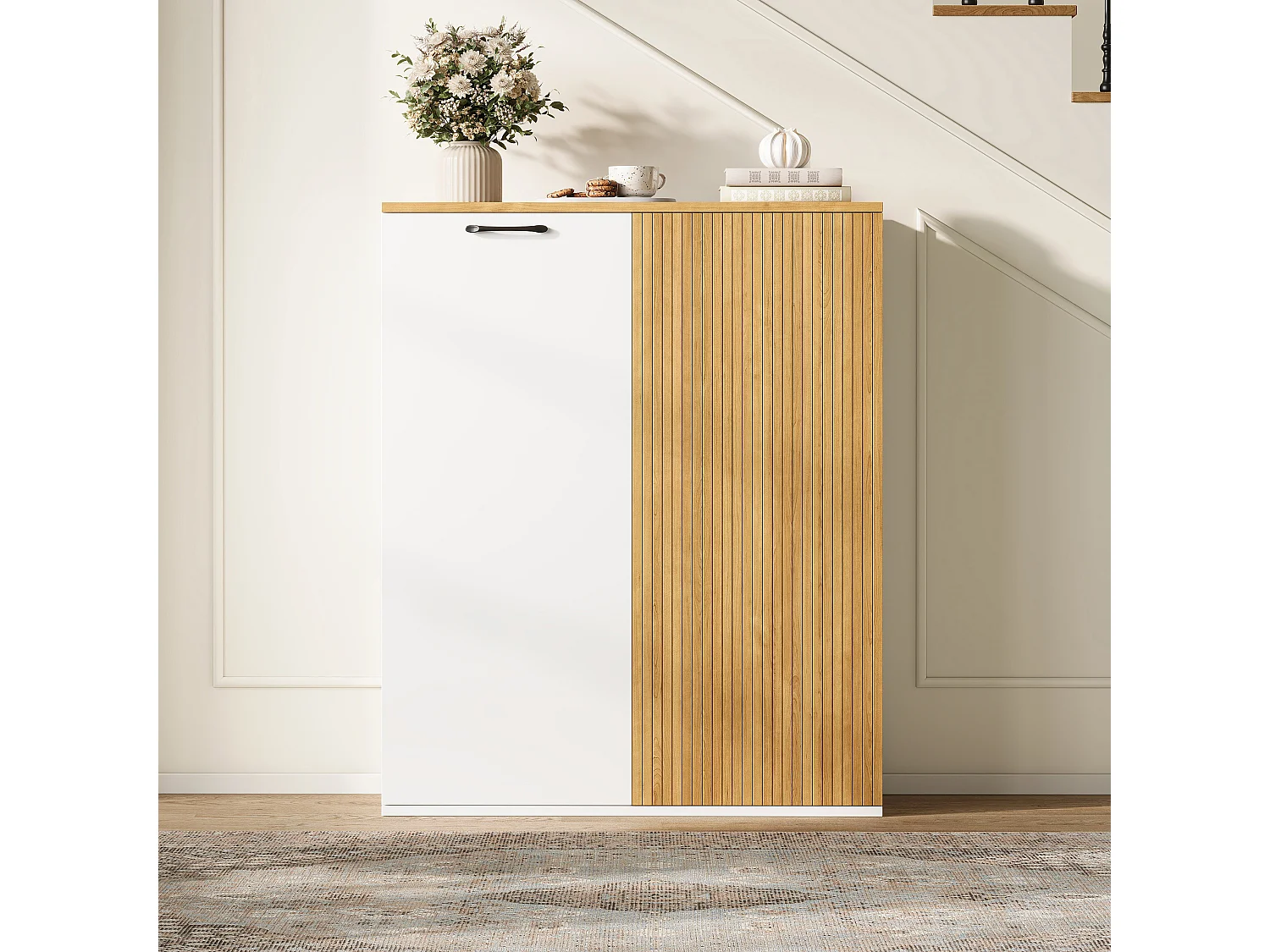 Mobile alto con 2 ante a chiusura ammortizzata, frontale a doghe - MDF - 80 x 40 x 110 cm - Bianco e rovere