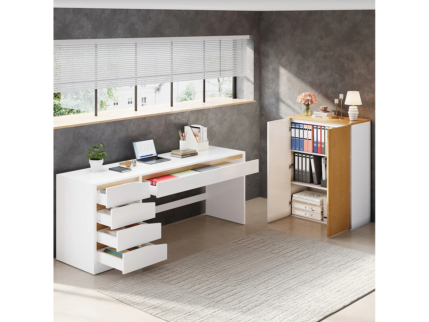 Mobile alto con 2 ante a chiusura ammortizzata, frontale a doghe - MDF - 80 x 40 x 110 cm - Bianco e rovere