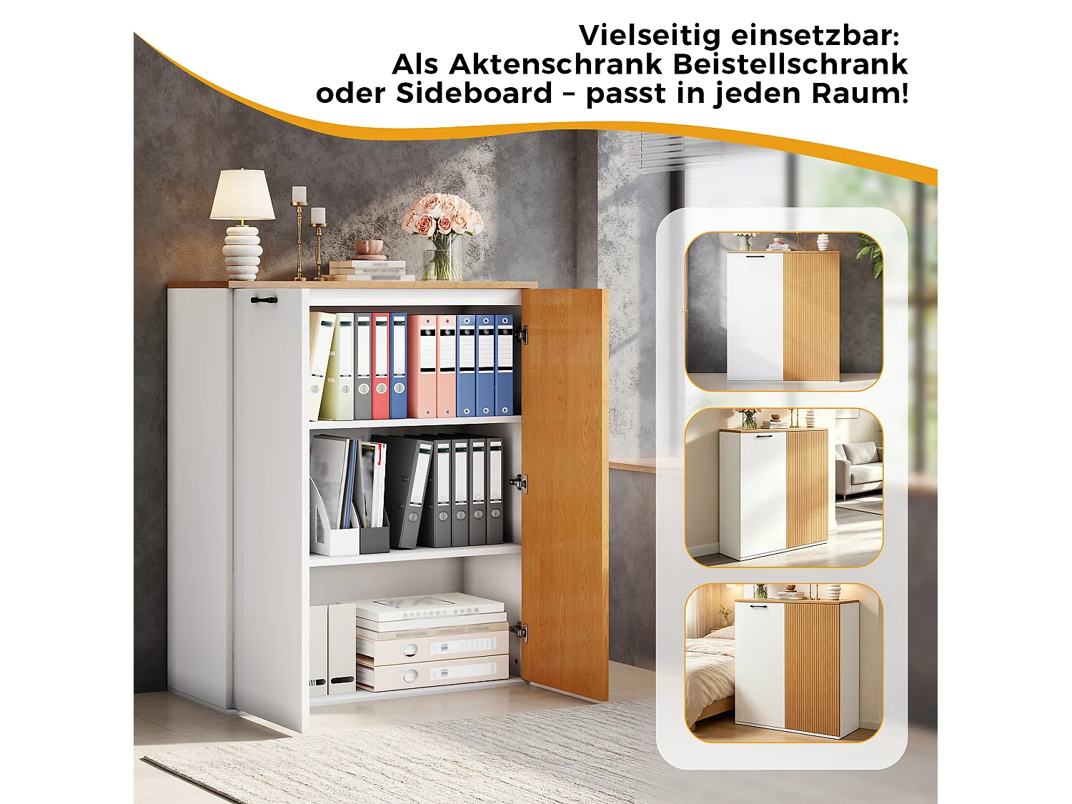 Mobile alto con 2 ante a chiusura ammortizzata, frontale a doghe - MDF - 80 x 40 x 110 cm - Bianco e rovere