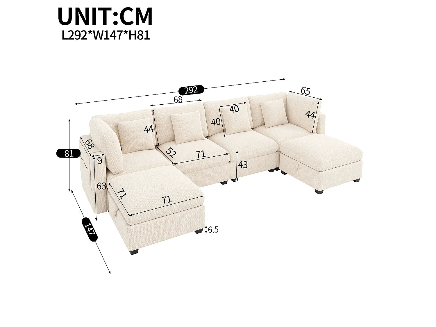 Canapé d'angle modulable 6 places en U/L avec 2 poufs de rangement et poches latérales - Chenille - 292 x 147 x 81 cm - Beige