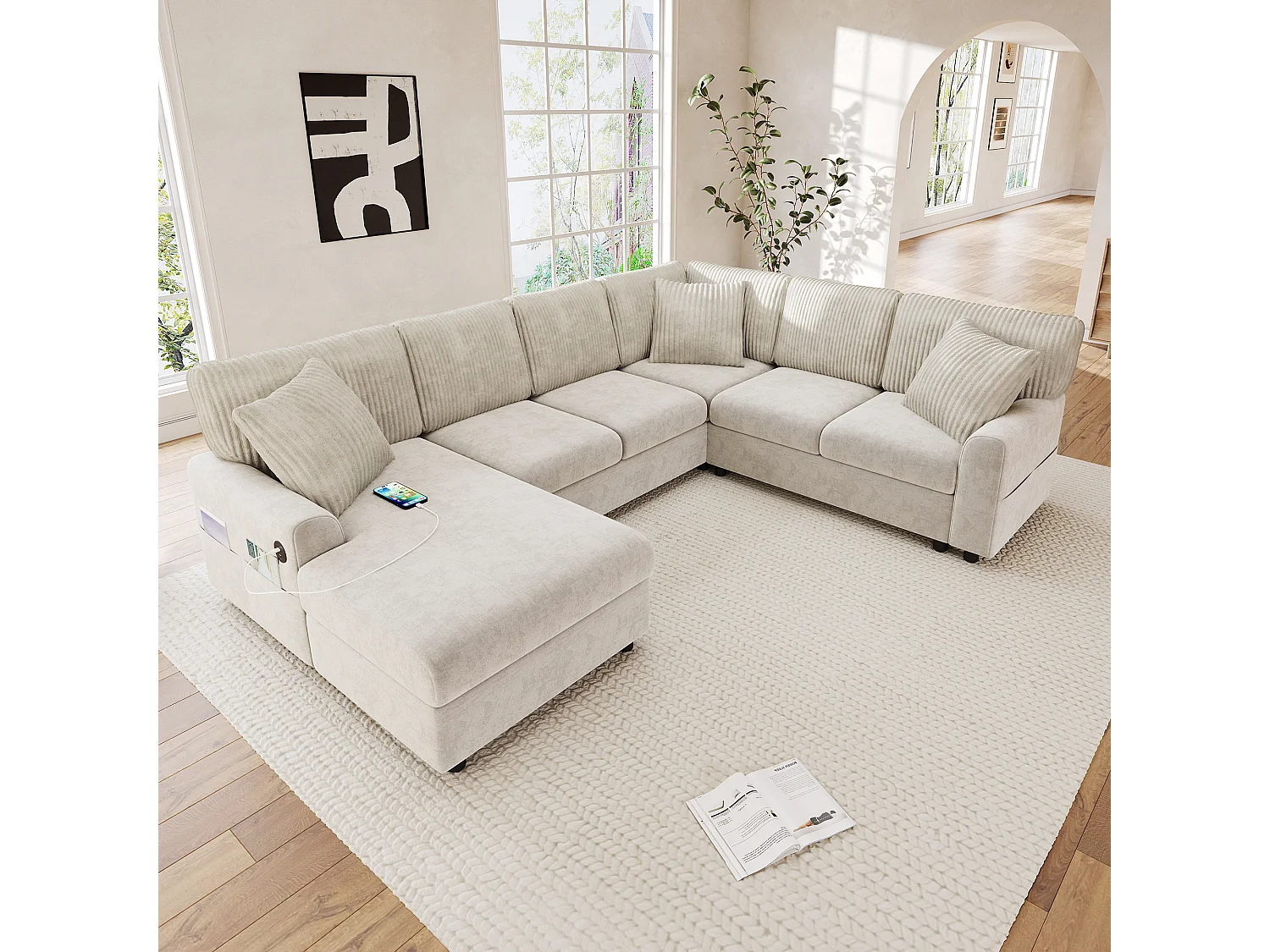 Modulares U-förmiges Ecksofa mit 3 Kissen und USB-/Typ-C-Anschlüssen – Chenille und Cord – 249 x 196 x 83 cm – Beige