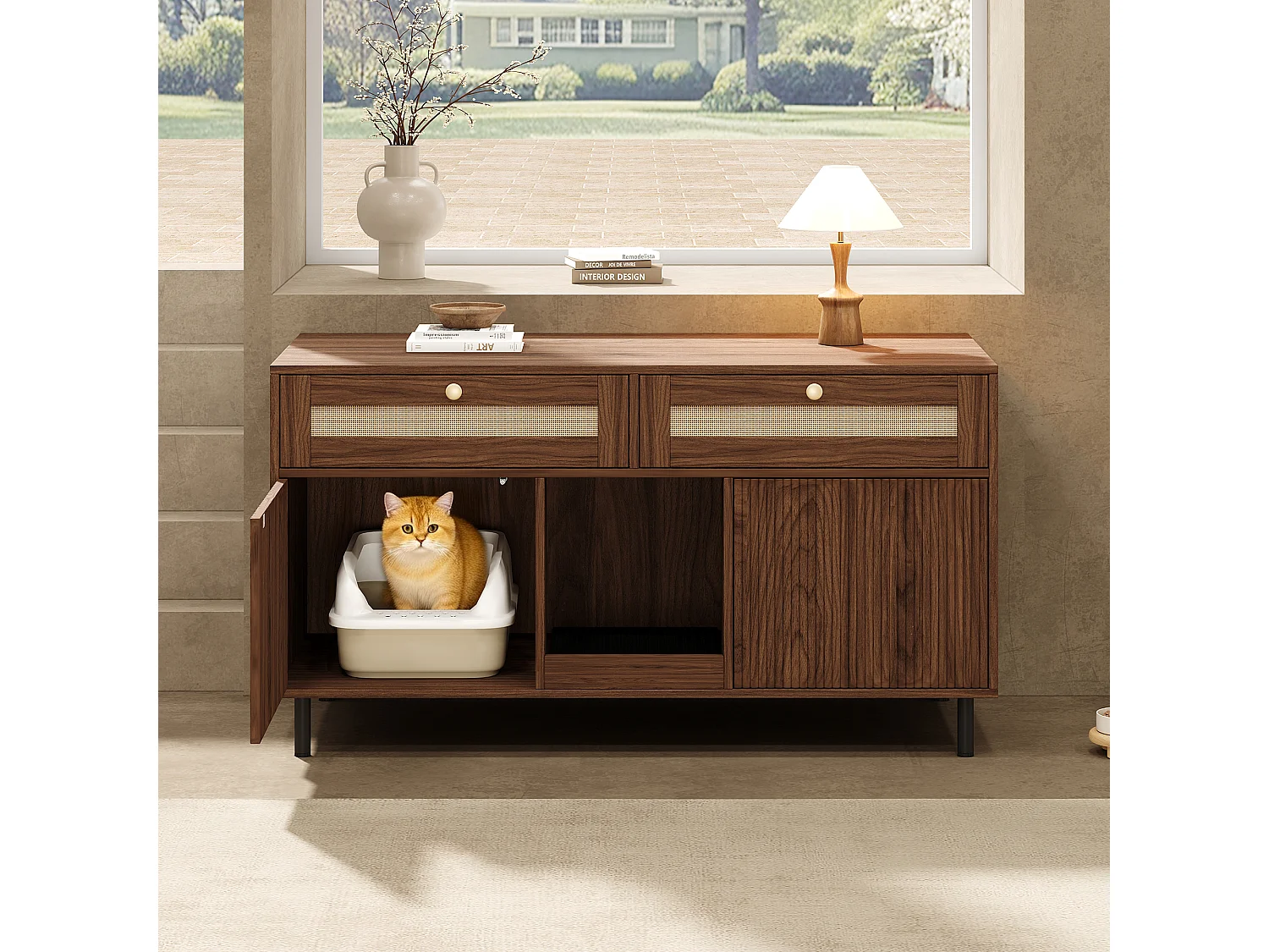 Meuble litière chat avec 2 portes, 2 tiroirs en rotin, et tapis anti-sable, buffet - 120 x 50 x 65 cm - MDF - Noyer