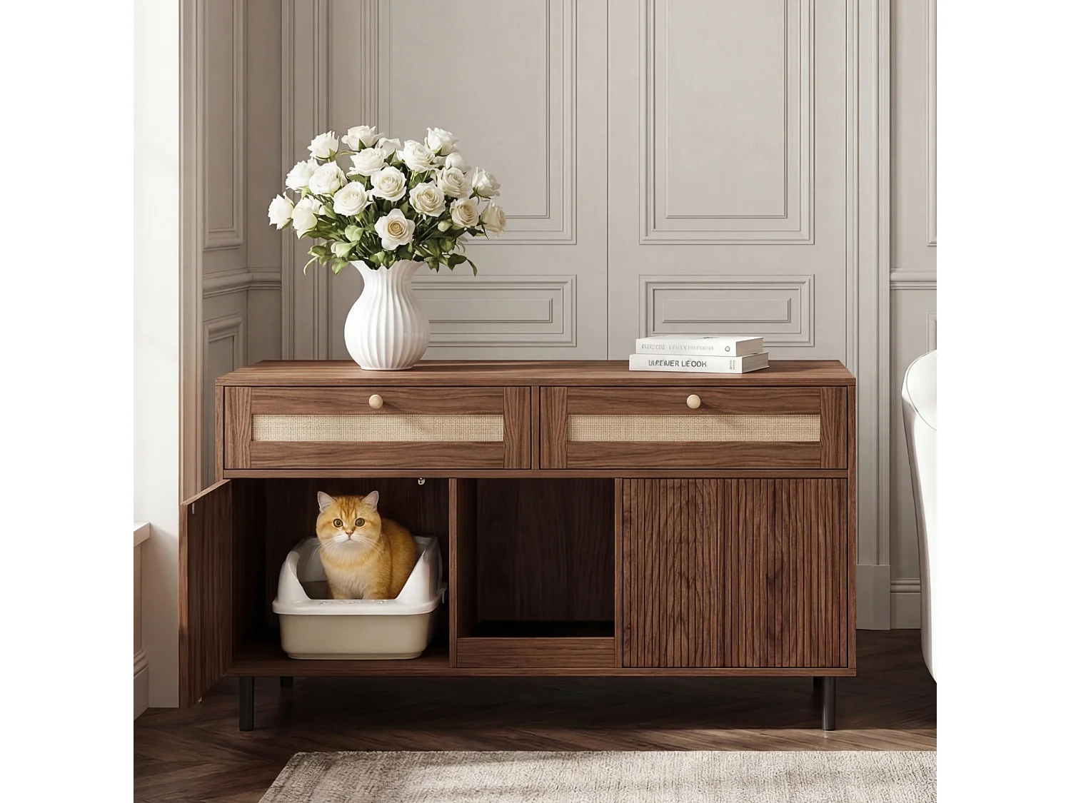 Meuble litière chat avec 2 portes, 2 tiroirs en rotin, et tapis anti-sable, buffet - 120 x 50 x 65 cm - MDF - Noyer
