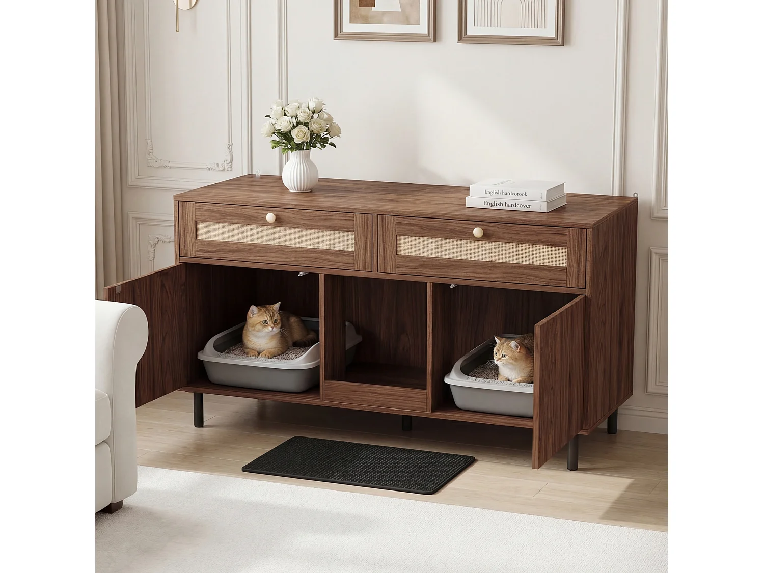 Meuble litière chat avec 2 portes, 2 tiroirs en rotin, et tapis anti-sable, buffet - 120 x 50 x 65 cm - MDF - Noyer