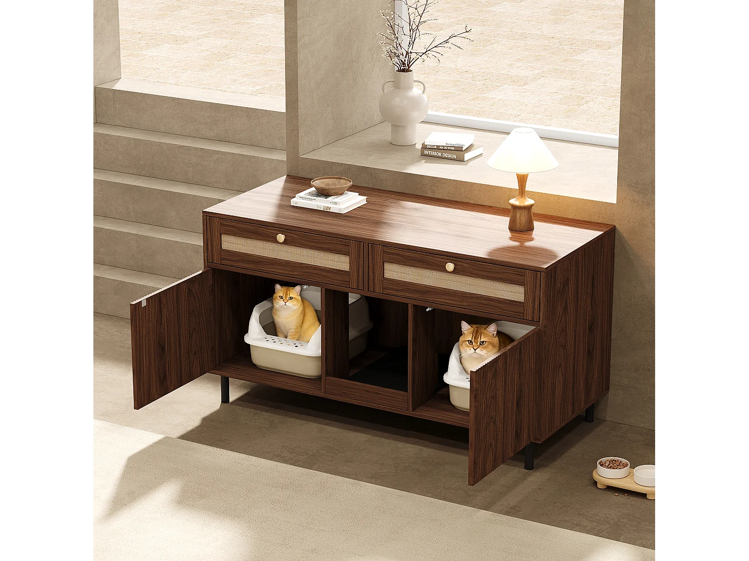 Meuble litière chat avec 2 portes, 2 tiroirs en rotin, et tapis anti-sable, buffet - 120 x 50 x 65 cm - MDF - Noyer