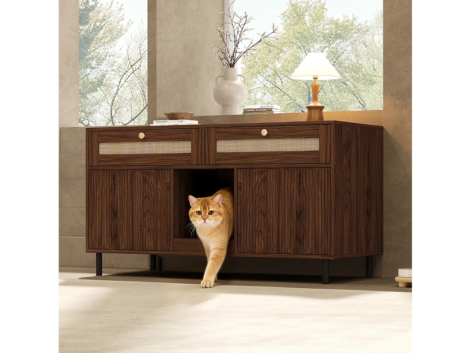 Meuble litière chat avec 2 portes, 2 tiroirs en rotin, et tapis anti-sable, buffet - 120 x 50 x 65 cm - MDF - Noyer