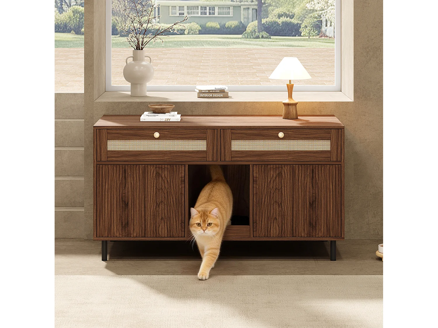 Meuble litière chat avec 2 portes, 2 tiroirs en rotin, et tapis anti-sable, buffet - 120 x 50 x 65 cm - MDF - Noyer