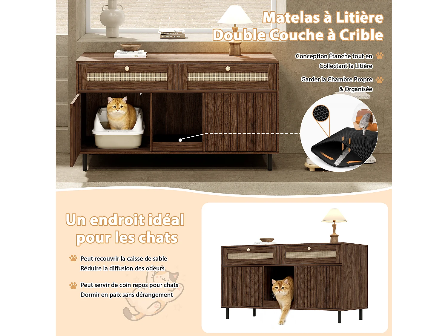 Meuble litière chat avec 2 portes, 2 tiroirs en rotin, et tapis anti-sable, buffet - 120 x 50 x 65 cm - MDF - Noyer