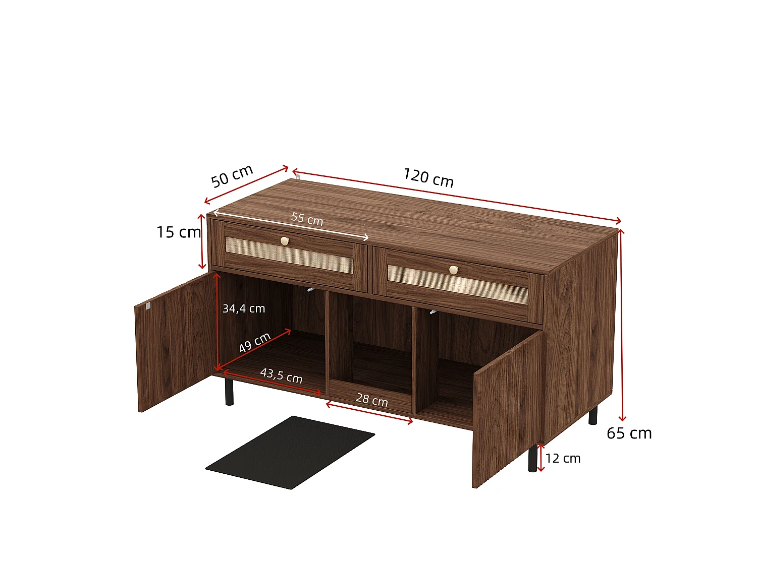Meuble litière chat avec 2 portes, 2 tiroirs en rotin, et tapis anti-sable, buffet - 120 x 50 x 65 cm - MDF - Noyer