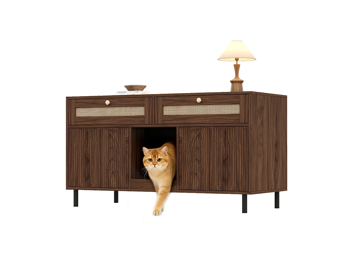 Meuble litière chat avec 2 portes, 2 tiroirs en rotin, et tapis anti-sable, buffet - 120 x 50 x 65 cm - MDF - Noyer