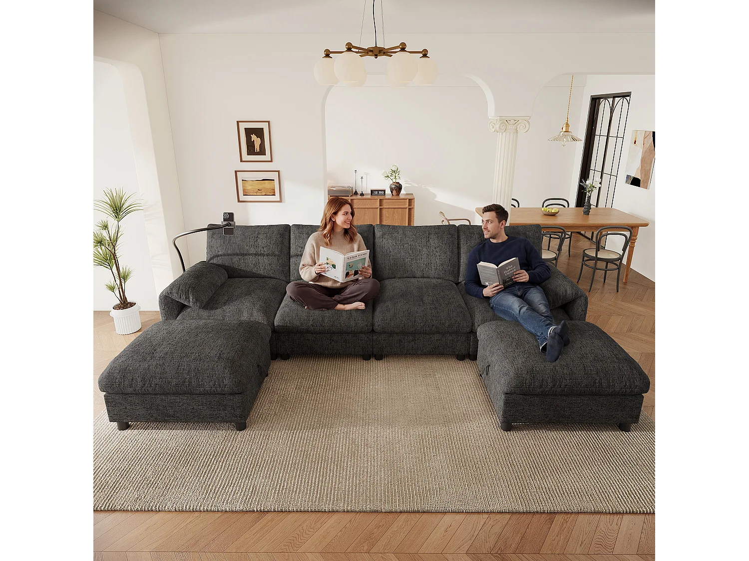 Canapé d'angle modulable 6 places avec 2 poufs de rangement, ports USB/Type-C et support téléphone - Chenille - 273,5 x 133 x 81 cm - Beige