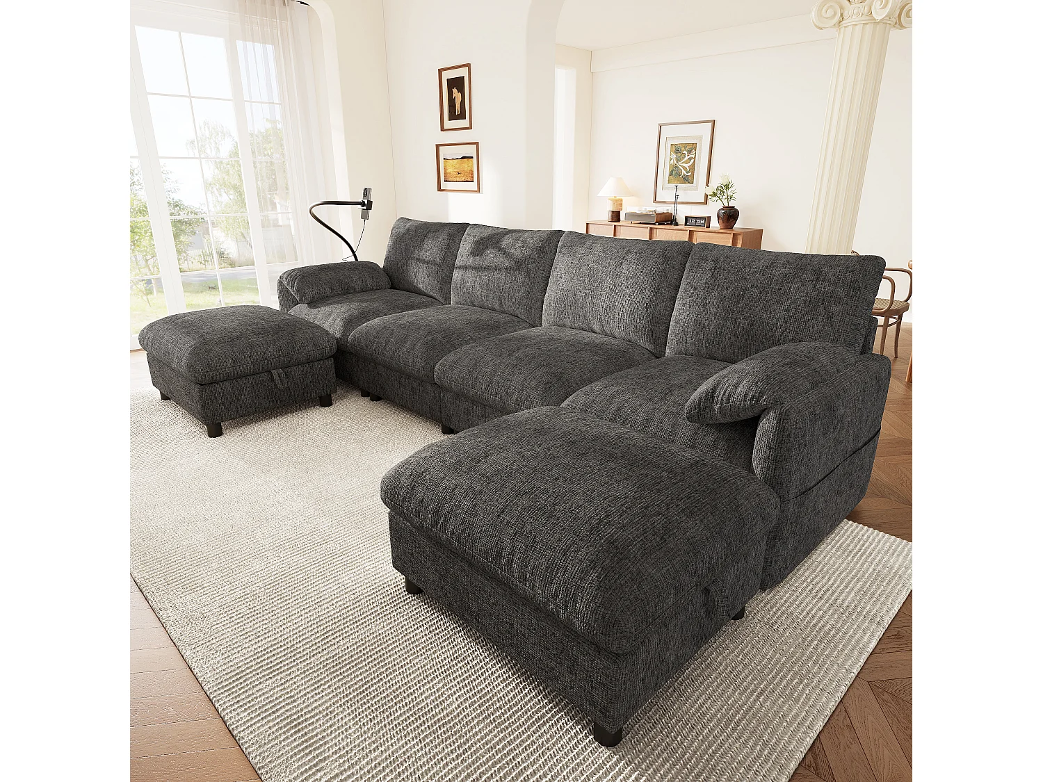 Canapé d'angle modulable 6 places avec 2 poufs de rangement, ports USB/Type-C et support téléphone - Chenille - 273,5 x 133 x 81 cm - Beige