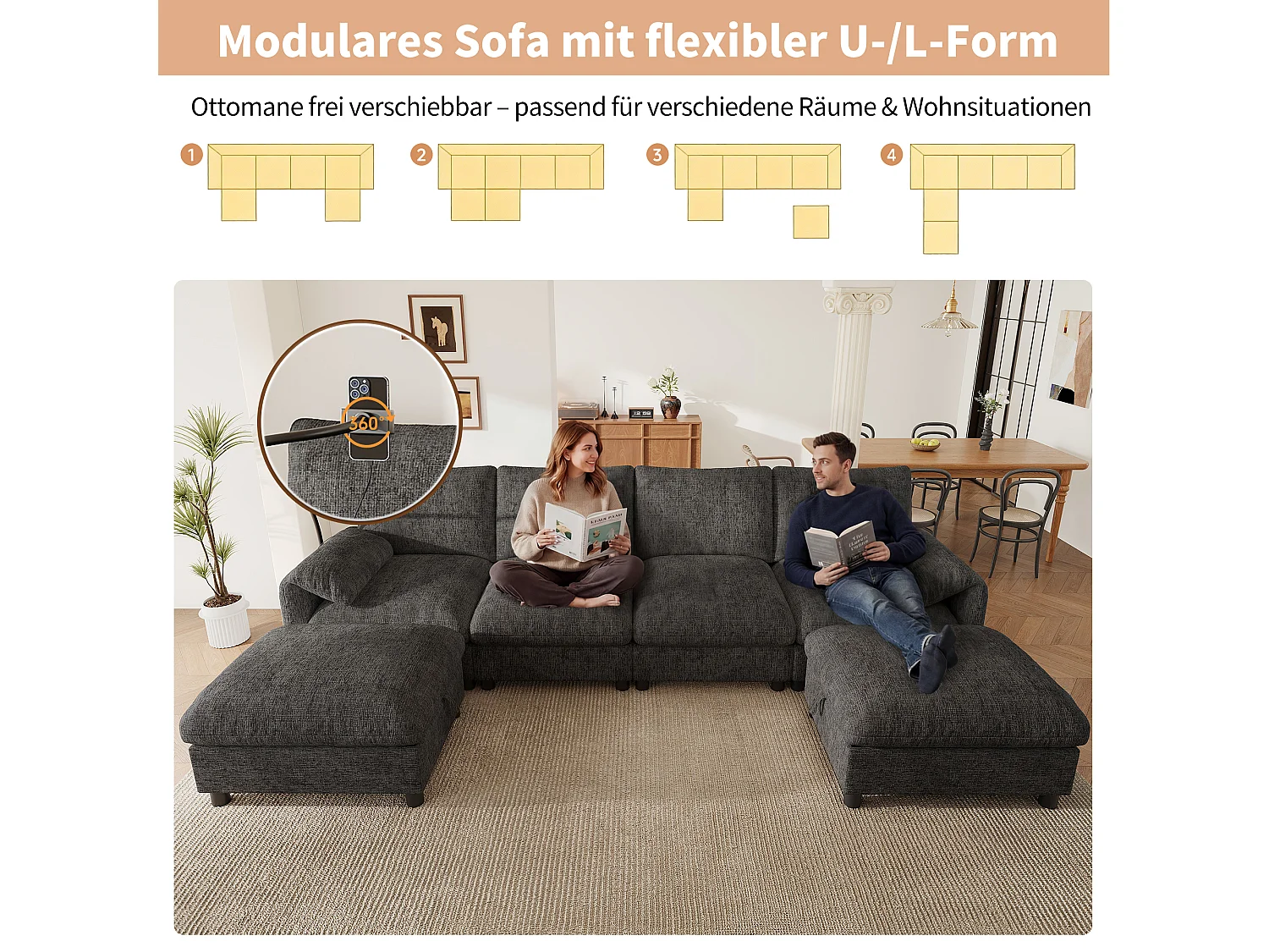 Canapé d'angle modulable 6 places avec 2 poufs de rangement, ports USB/Type-C et support téléphone - Chenille - 273,5 x 133 x 81 cm - Beige