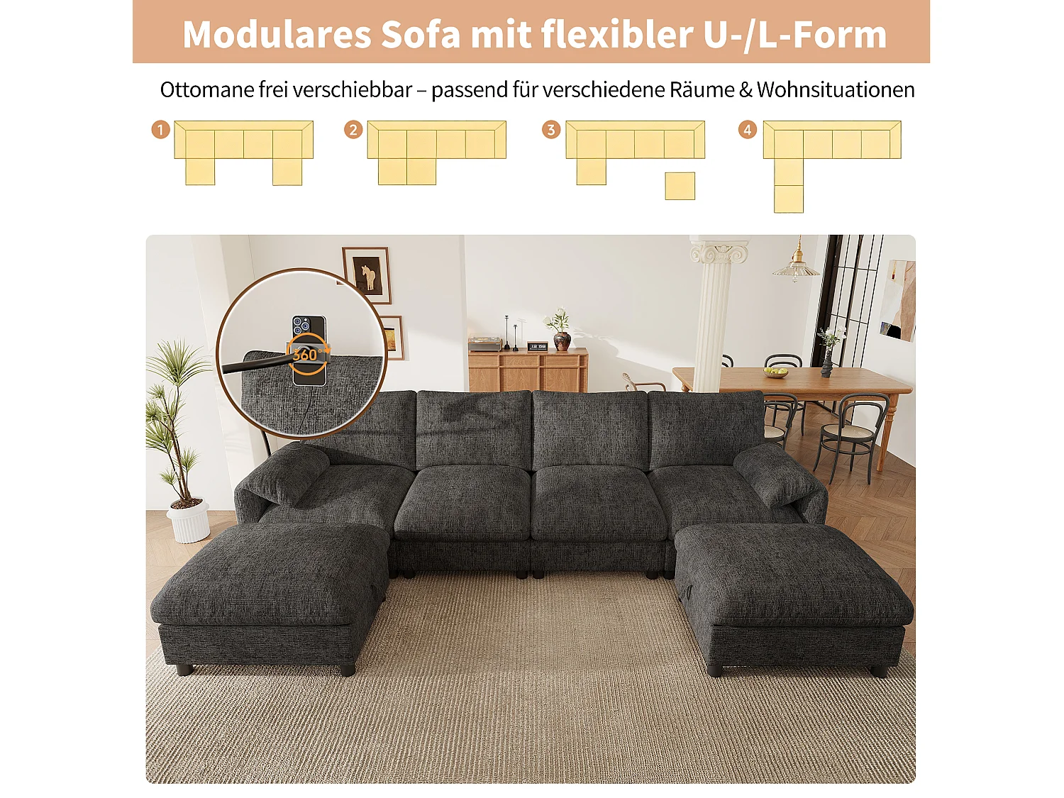 Canapé d'angle modulable 6 places avec 2 poufs de rangement, ports USB/Type-C et support téléphone - Chenille - 273,5 x 133 x 81 cm - Beige