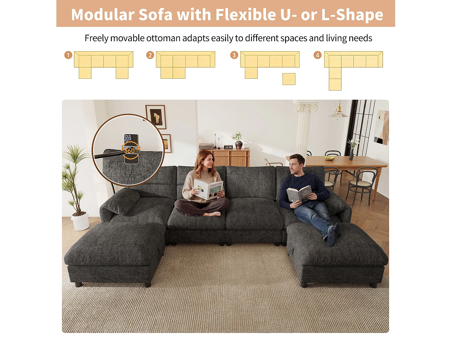 Canapé d'angle modulable 6 places avec 2 poufs de rangement, ports USB/Type-C et support téléphone - Chenille - 273,5 x 133 x 81 cm - Beige