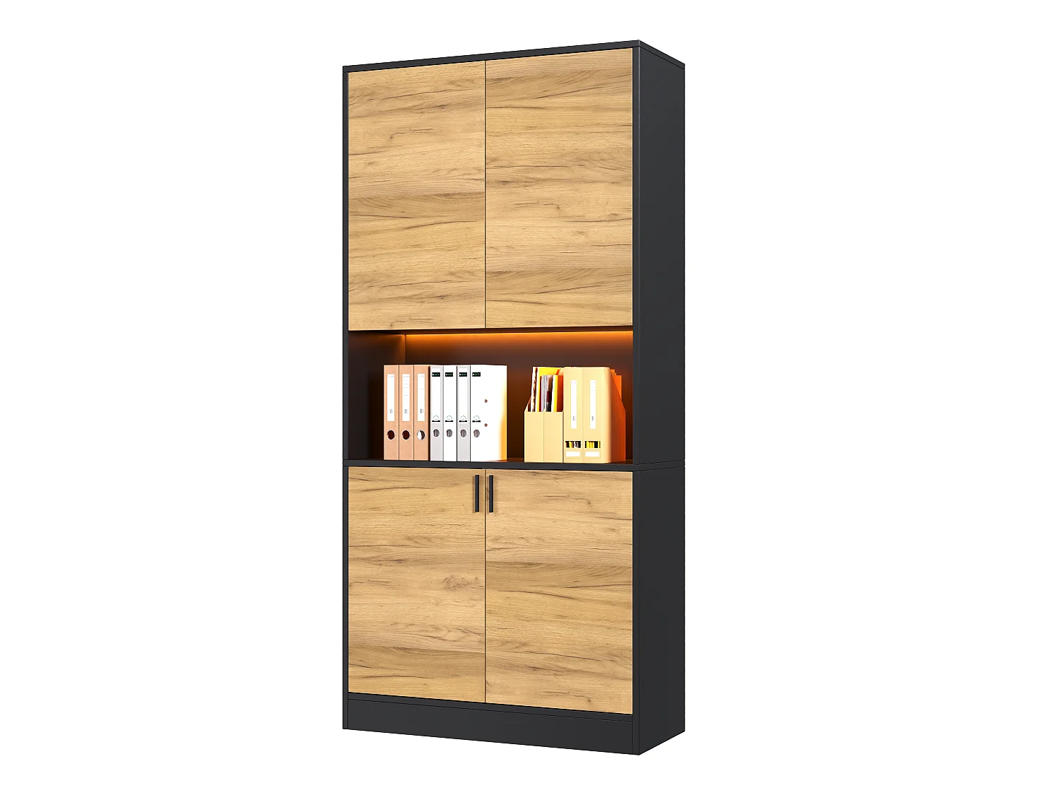Armario alto con iluminación LED, 2 estantes ajustables y 4 puertas con cierre suave - Tablero de partículas - 80 x 35 x 180 cm - Negro y roble