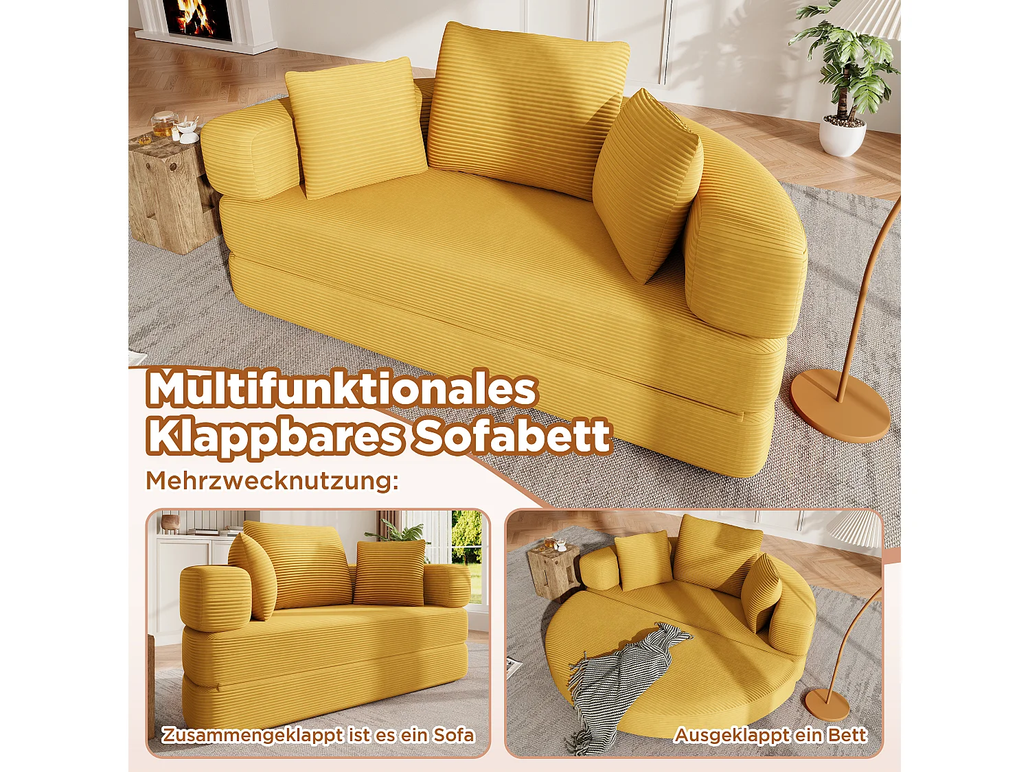 Canapé modulable 2 places avec coussins - 173 x 176 x 60 cm - Revêtement en velours côtelé - pour salon, chambre - Jaune