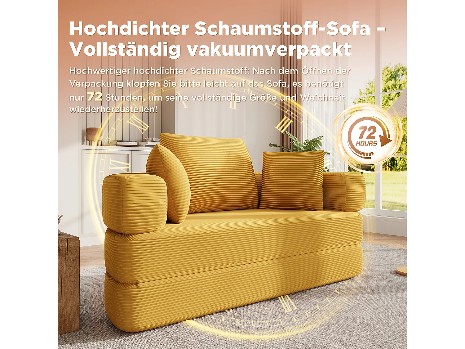 Canapé modulable 2 places avec coussins - 173 x 176 x 60 cm - Revêtement en velours côtelé - pour salon, chambre - Jaune