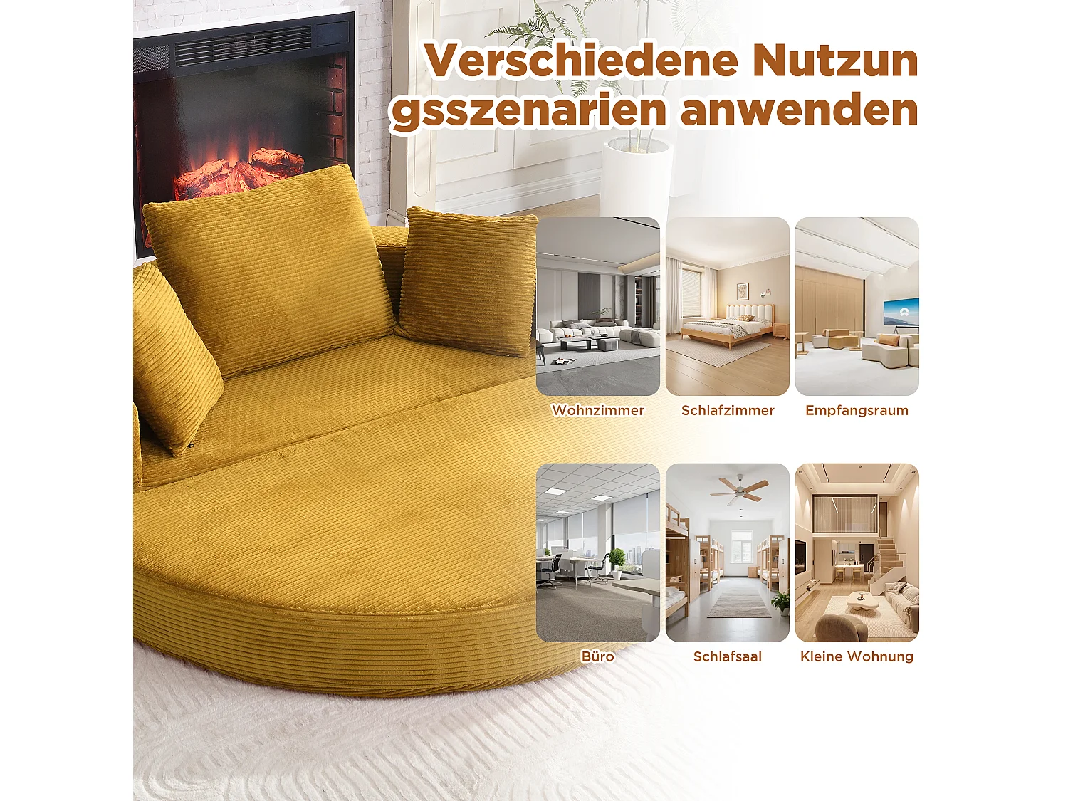 Canapé modulable 2 places avec coussins - 173 x 176 x 60 cm - Revêtement en velours côtelé - pour salon, chambre - Jaune
