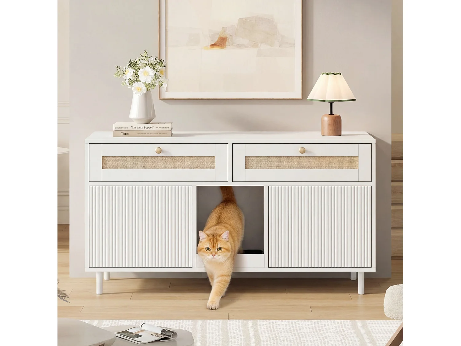 Meuble litière chat avec 2 portes, 2 tiroirs en rotin, et tapis anti-sable, buffet - 120 x 50 x 65 cm - MDF - Blanc