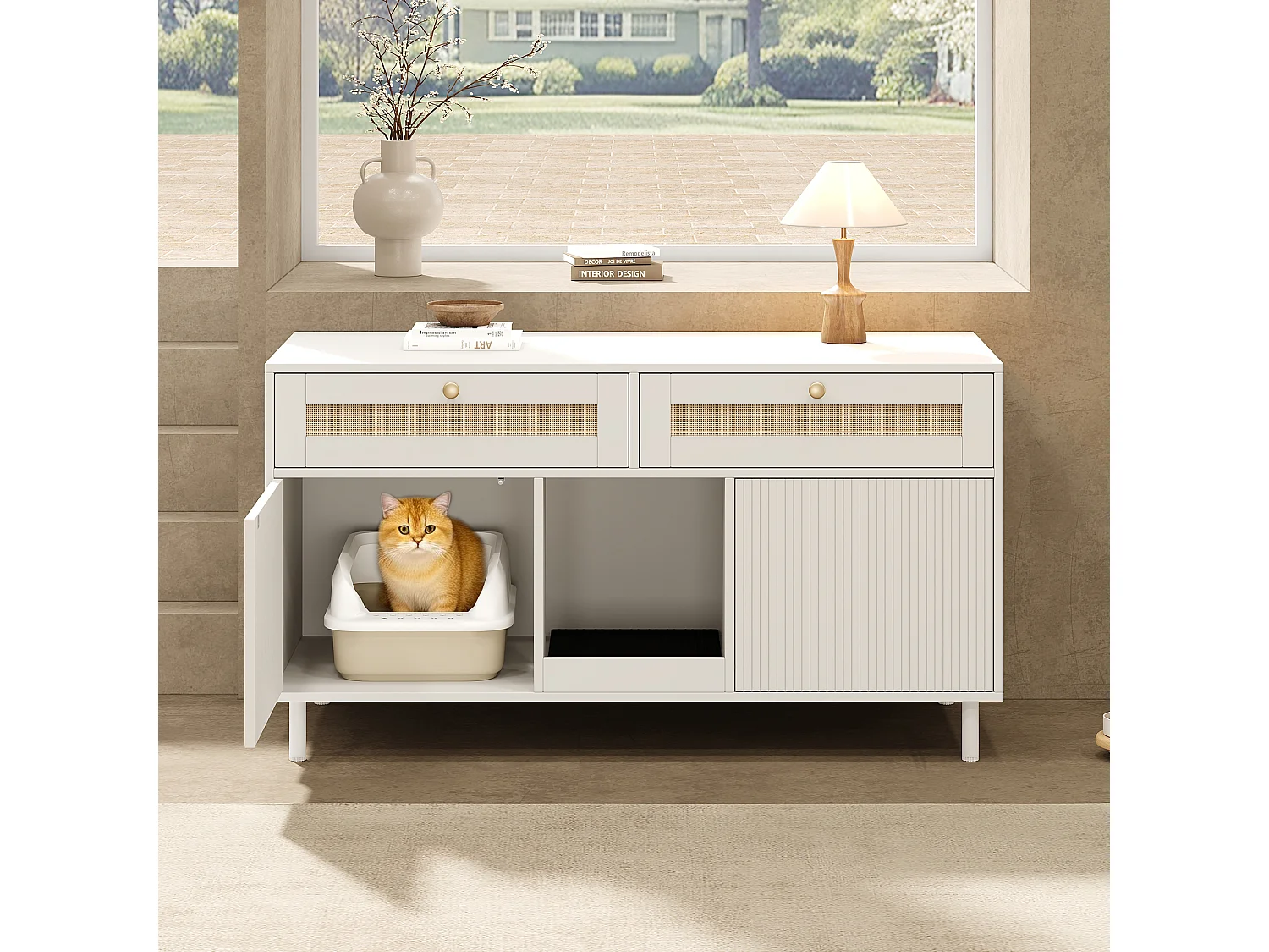Meuble litière chat avec 2 portes, 2 tiroirs en rotin, et tapis anti-sable, buffet - 120 x 50 x 65 cm - MDF - Blanc