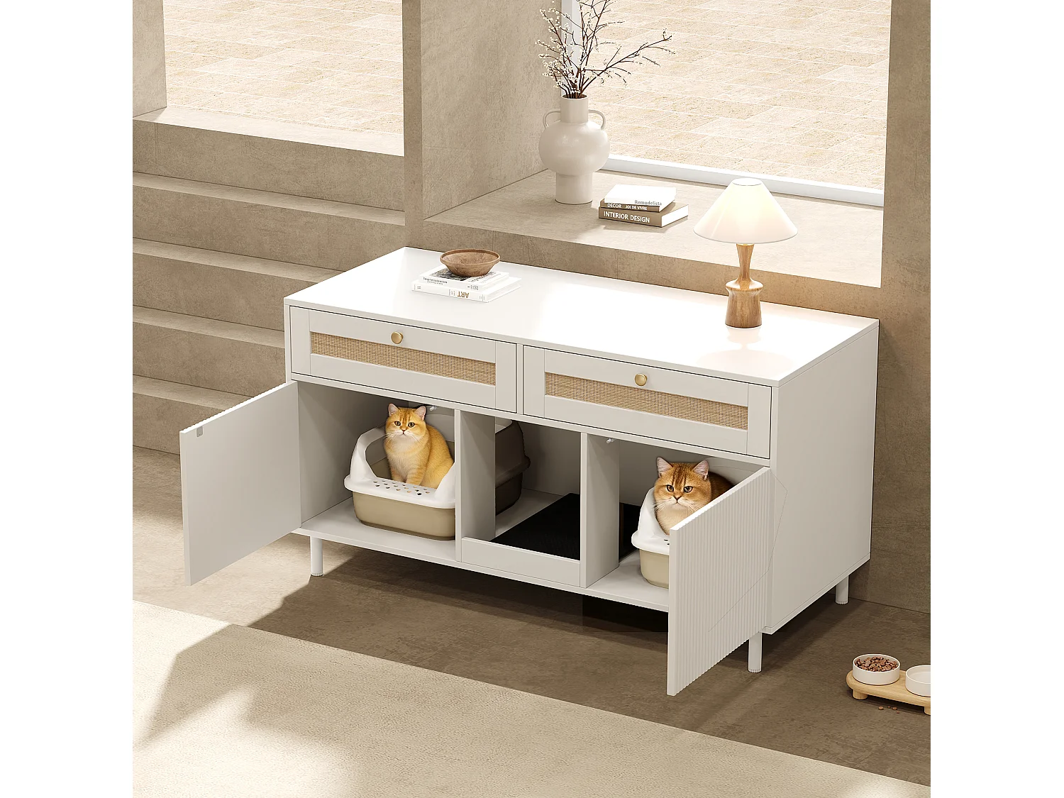 Meuble litière chat avec 2 portes, 2 tiroirs en rotin, et tapis anti-sable, buffet - 120 x 50 x 65 cm - MDF - Blanc