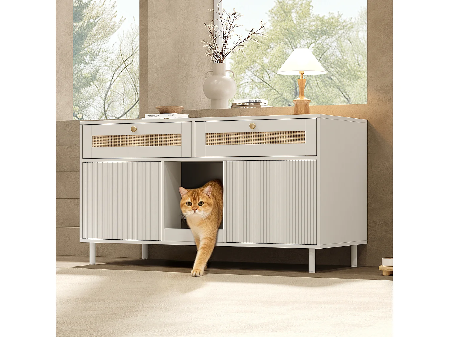 Meuble litière chat avec 2 portes, 2 tiroirs en rotin, et tapis anti-sable, buffet - 120 x 50 x 65 cm - MDF - Blanc