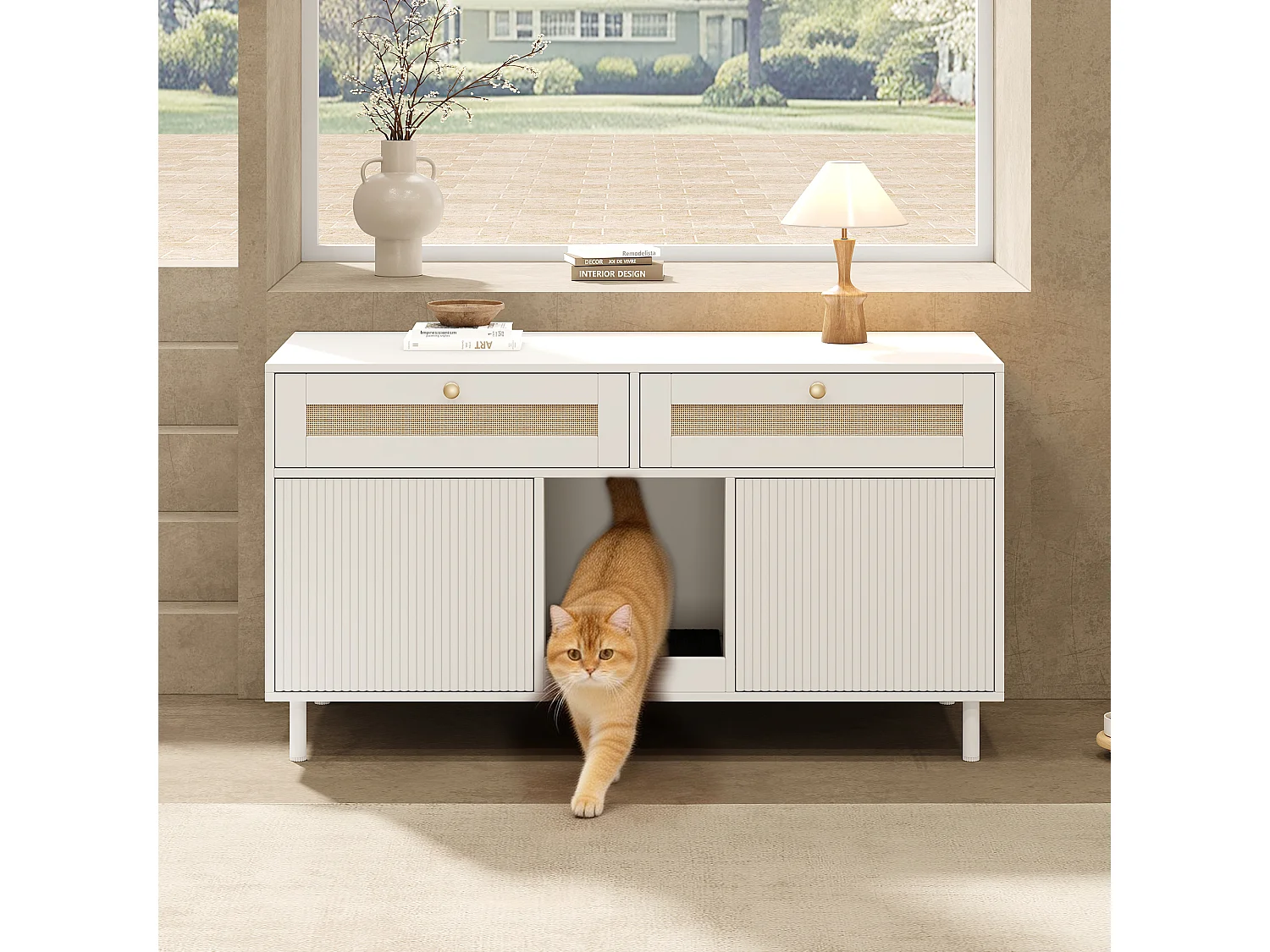 Meuble litière chat avec 2 portes, 2 tiroirs en rotin, et tapis anti-sable, buffet - 120 x 50 x 65 cm - MDF - Blanc