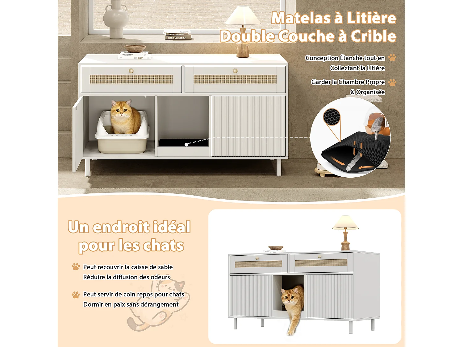 Meuble litière chat avec 2 portes, 2 tiroirs en rotin, et tapis anti-sable, buffet - 120 x 50 x 65 cm - MDF - Blanc